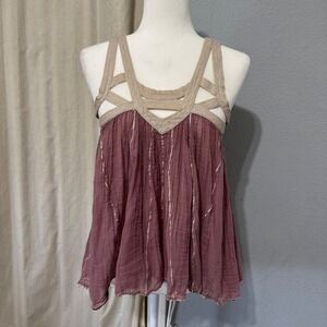 Free People FP One Mauve Purple Metallic Gauze Cage Neck Tank Cotton Boho Medium